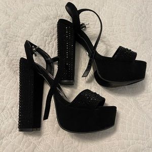 Black platform crystal heels